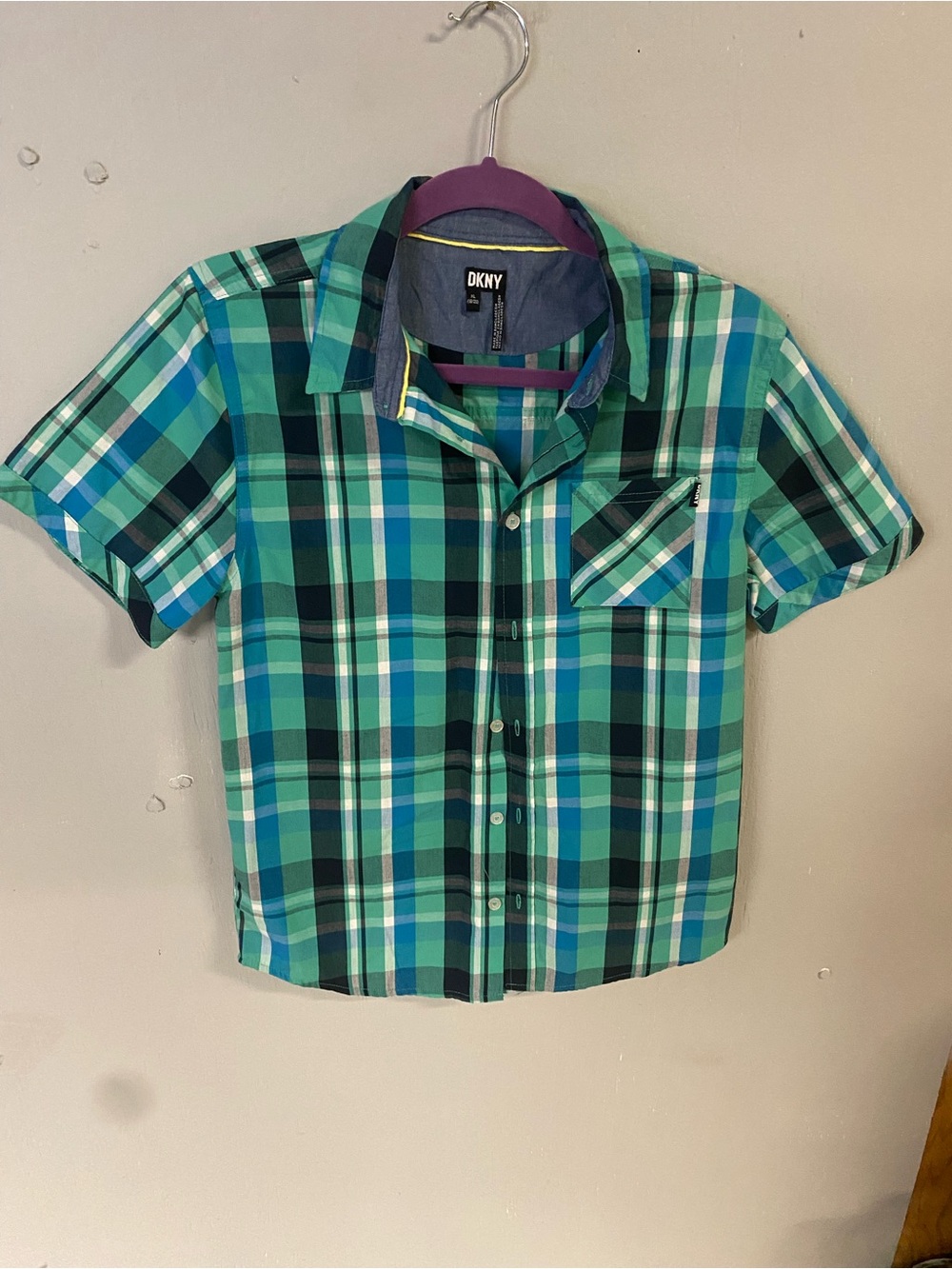 DKNY Boys' Teal and Blue Plaid Short Sleeve Button-Down Shirt